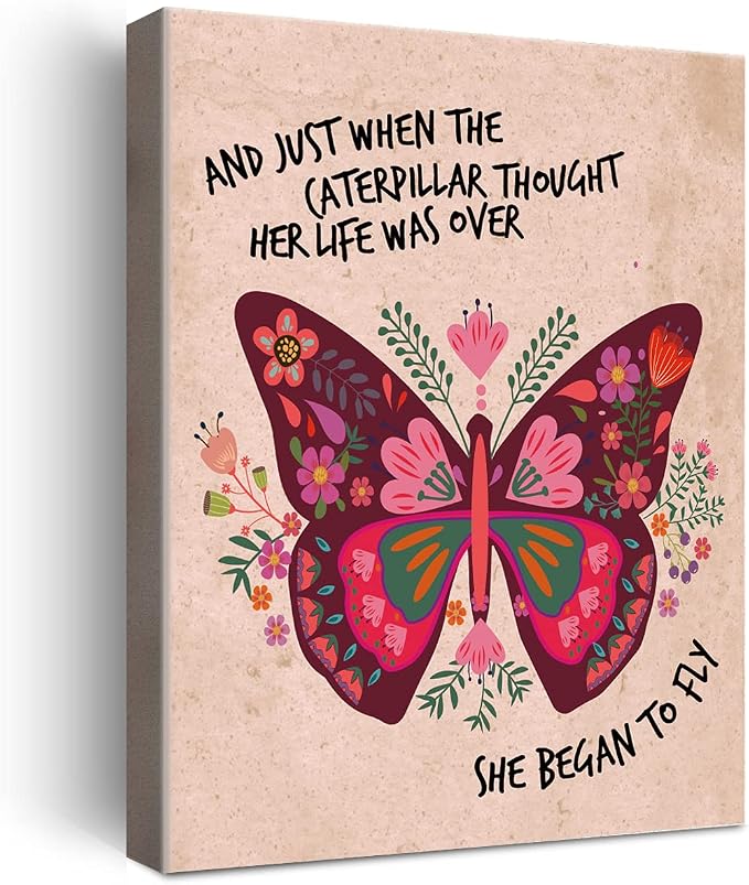 Butterfly Wall Art for Teen Girls Room Decor,Girl Inspirational Quote She Begen to Fly Wall Decor Canvas Poster Print for Butterfly Lovers Teens Girls Bedroom Decor
