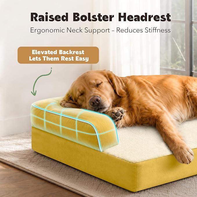 Orthopedic Waterproof Jumbo Dog Bed with Bolster for Extra Large Dogs | Pillow Support for Neck Relief, Egg Crate Foam, Waterproof Liner, Anti-Slip Bottom, Removable Bolster Cover, 53 x 42 Inch