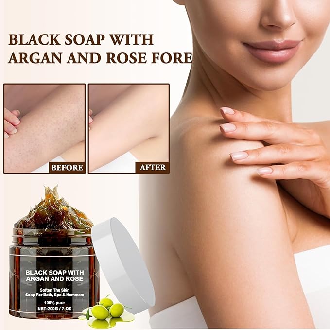 Morocco Black Soap with Argan and Rose, Morocco Black Beldi Bar Exfoliating Soaps, Moroccan Black Soap Hammam, Moroccos Body Scrub with Exfoliating Glove, 2 PCS
