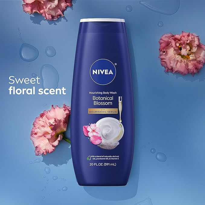 NIVEA Nourishing Botanical Blossom Body Wash with Nourishing Serum, Moisturizing Body Wash for Women, Enriched with Provitamin B5 and Vitamin E, 20 Fl Oz Bottle