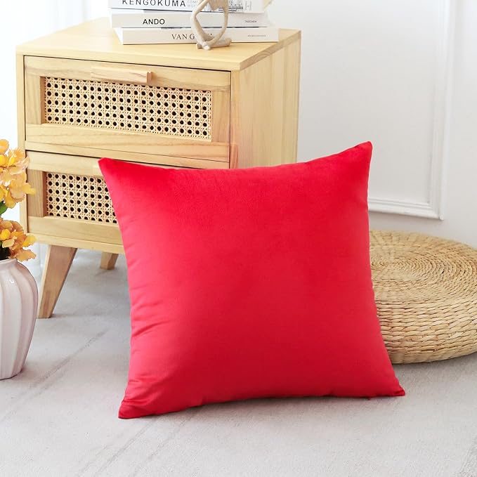 Artscope Luxury Velvet Pillow Covers Decorative Square Pillowcases Soft Solid Cushion Cases for Couch Sofa Bedroom Car Decor 22x22 Inch Red