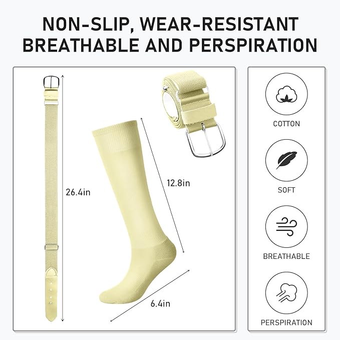 Zhanmai Baseball Belt and Socks Combo Adjustable Softball Socks and Elastic Waist Belt for Youth Boys Girls, Adult