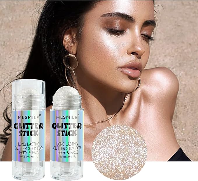 White Body Glitter Stick, Multi-Use Highlighter Makeup, Long Lasting Glitter Stick for Body & Face Eyes Lip, Glitter Sparkling Mermaid Sequins for Women, Great for Daily, Festival, Party