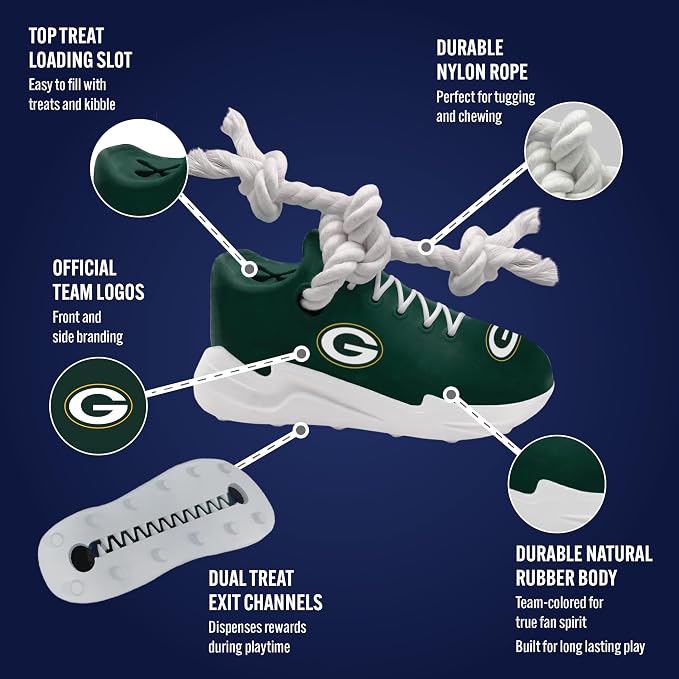 Pets First NFL Green Bay Packers Cleat Sneaker Spike Dog Toy, Football Treat Dispenser Chew Toy for Dogs, Interactive Rope Tug Toy, Slow Feeder Natural Rubber Dog Toy with Official Team Logo