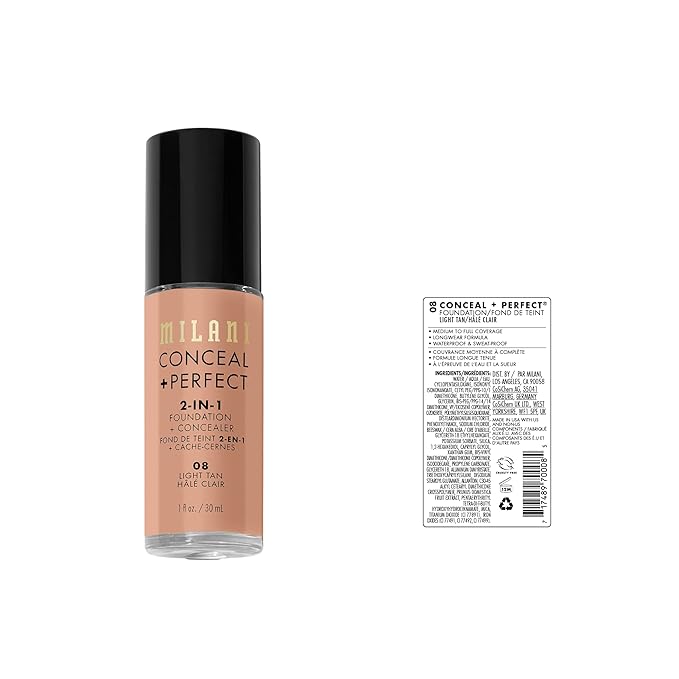 Milani Conceal + Perfect 2-in-1 Foundation + Concealer for a Flawless Complexion, Under Eye Corrector, Cover Redness and Imperfections, Waterproof and Sweatproof - Light Tan