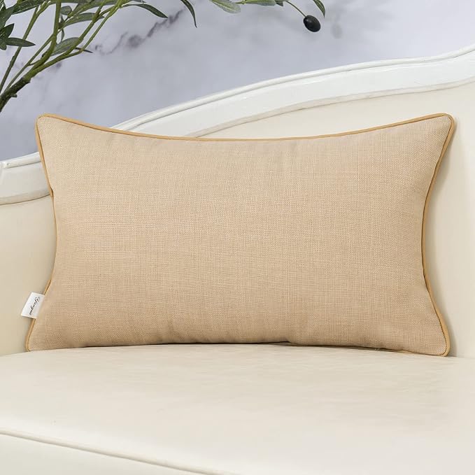 Patchwork Pillow Cover 12x20 Inch Luxury Cotton and Linen Cushion Cover Rectangle Pillowcover for Couch Bedroom Living Room,Khaki