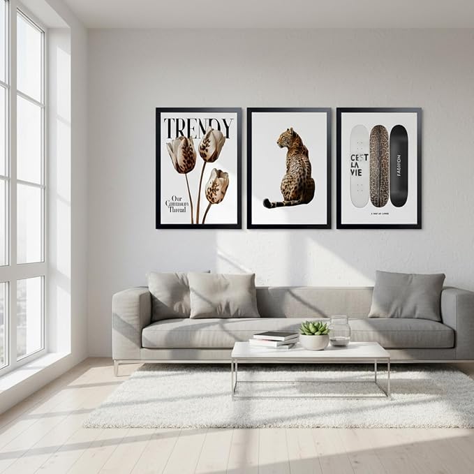 Trendy Leopard Print Wall Art Preppy Aesthetic Stylish Canvas Wall Decor Cheetah Printed Fashion Skateboard Posters for Bedroom Living Room Apartment Dorm 12x16in Black Framed