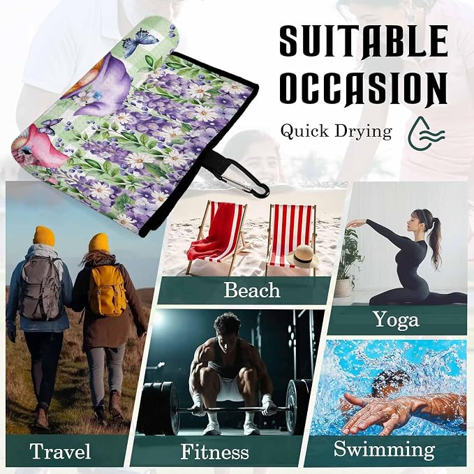 Blue Purple Gnomes Golf Towel with Clip, Spring Hydrangea Flower Leaf Green Plaid Large Microfiber Women Men Sports Work Out Disc Golf Bag Towel for Yoga, Gym, Fitness, Swimming Towels Accessory