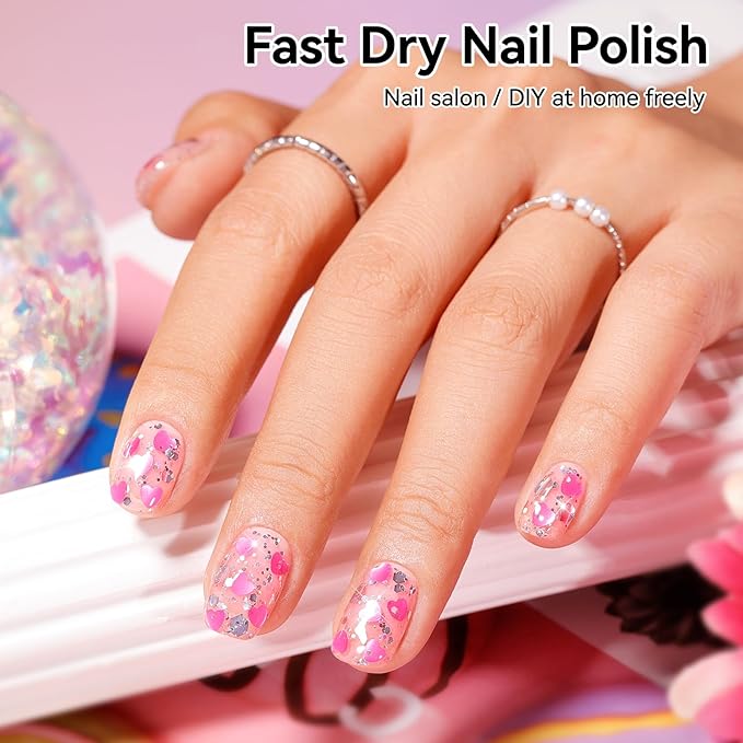 Nail Polish Hot Pink Hearts Confetti Regular Nail Polish, Quick Air Dry, Non-gel, Rich in Castor Oil, Vegan Cruelty-free Sparkle Nail Art DIY Home Travel Manicure Gift for Women Girls