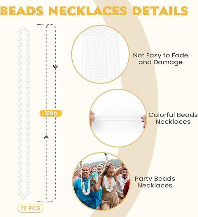 SHAOQINLIN 12 PCS White Bead Necklace, 33" White Mardi Gras Beads, Christmas Necklaces, 4th of July Beads Necklaces, Parade Throws Accessories for Christmas Independence Day New Year Party Favors