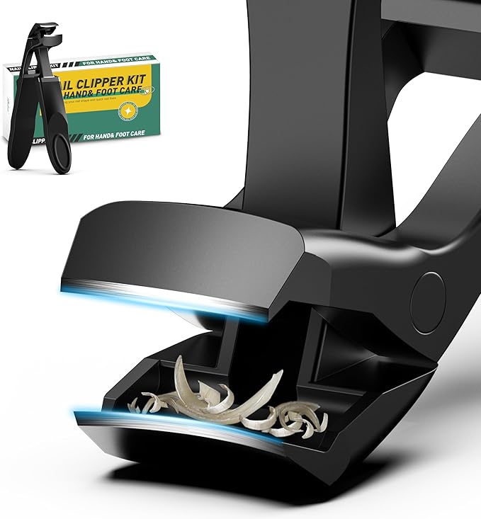 BALUCA Angled Head Toenail Clipper for Seniors with Wide Jaw Opening – Large Curved Nail Clipper for Thick Nails with Catcher & Splash-Proof Design,Black