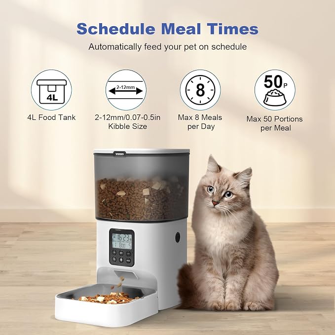 Automatic Cat Feeder, 4L Cat Food Dispenser with 10s Voice Recorder, Pet Feeder up to 8 Meals per Day, Timed Dog Feeder with Dry Food Sealed Ring
