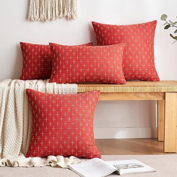 MIULEE Pack of 2 Christmas Decorative Burlap Linen Throw Pillow Covers Modern Farmhouse Pillowcase Rustic Woven Textured Cushion Cover for Sofa Couch Bed 18x18 Inch Christmas Red