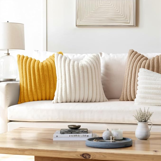 MIULEE Faux Fur Lumbar Decorative Throw Pillow Covers 12x20 Set of 2 Beige | Cream White Modern Soft Plush Couch Pillows, Cozy Fluffy Cushion Covers for Sofa Bed Living Room Home Decor