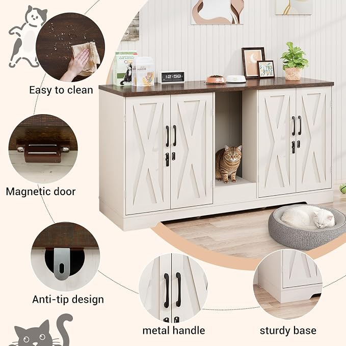 59.1" Cat Litter Box Enclosure for 2 Cats, Hidden Litter Box Furniture with Power Outlet & Removable Hallway, Lockable Door & Anti-Tip Design, Farmhouse Litter Box Cabinet with Magnetic Door, White
