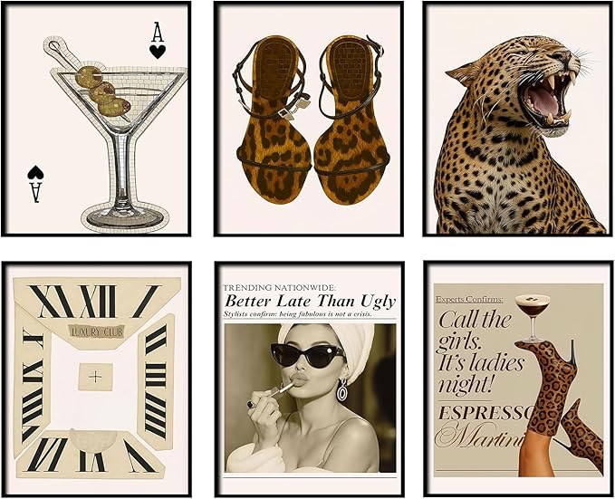 Mynotix Vintage Leopard Poster Set of 6, Trendy Cheetah Y2K Wall Art, Fashion Martini Wall Decor Preppy Girl Canvas Paintings Prints Artwork for Living Room Bedroom Dorm 12x16 inch Unframed