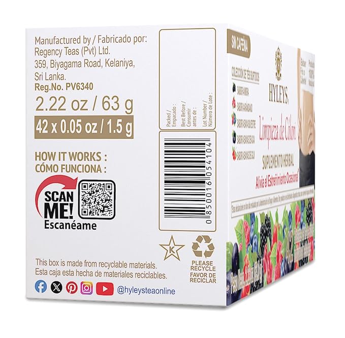 HYLEYS Colon Cleanse Tea, Assorted Flavors - 42 Individually Wrapped Herbal Tea Bags - Caffeine Free, Gluten Free