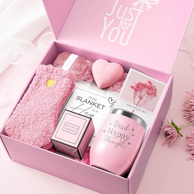 Christmas Birthday Get Well Self Care Gifts Basket for Women Unique | Luxury Rose Relaxing Spa Thinking of You Sympathy Gift Set w/ Blanket for Mom Friend Sister Her Wife Daughter Girlfriend