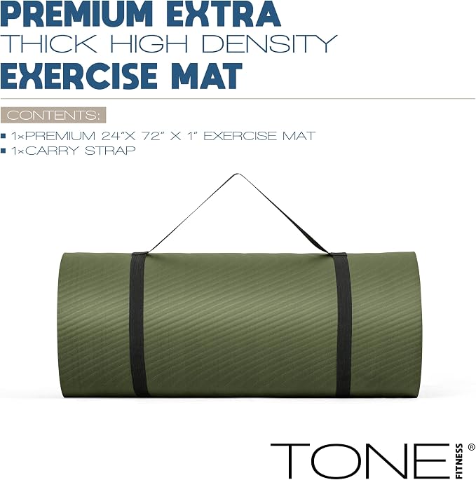 Tone Fitness 1-Inch Thick Yoga Mat | High-Density, Non-slip Exercise Mat with Carrying Strap for Yoga, Pilates, & Home Gym Workouts | Multiple Options