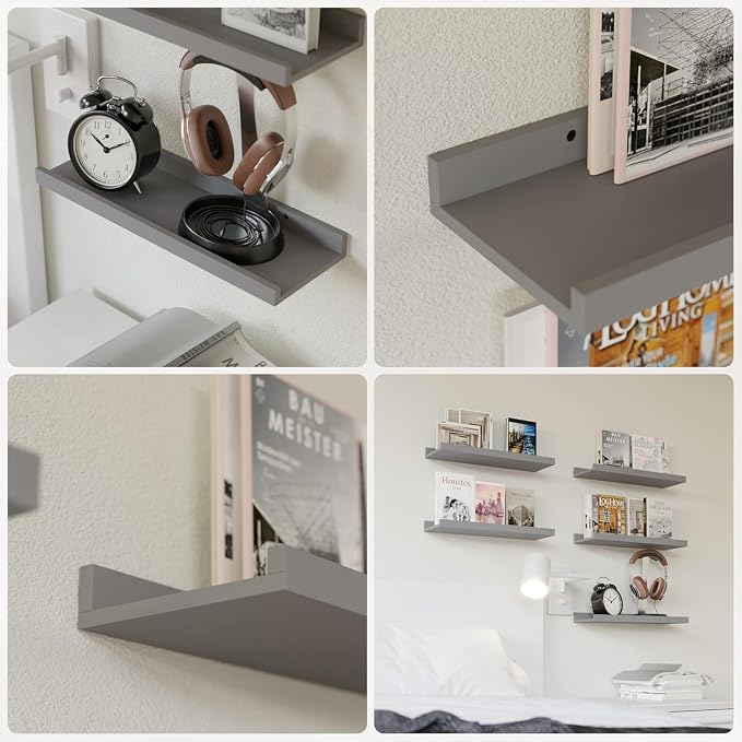 RICHER HOUSE 3-Set Floating Shelves with Lip, Grey Small Wall Shelf, 16In | Display Picture Ledge Shelf, Anti-drop lip Shelf for Room Wall Decor, Bedroom Bathroom Storage Nursery Books, Easy Setup,Wood