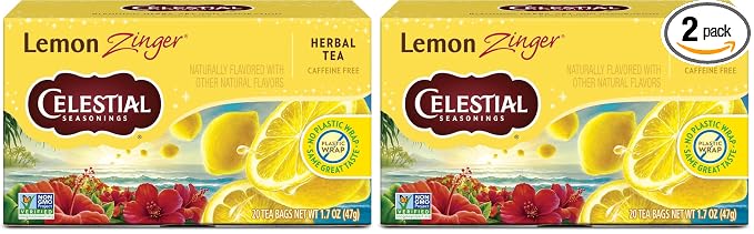 Celestial Seasonings Lemon Zinger Herbal Tea Box, Caffeine Free, 20 Tea Bags (Pack of 2)