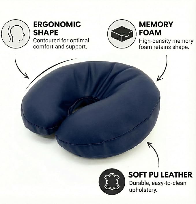 Royal Massage Universal Memory Foam Face Cradle Cushion for Massage Tables – Ergonomic U-Shaped Headrest Pillow with Soft, Easy-Clean PU Leather – Spa & Salon Replacement (Navy Blue)