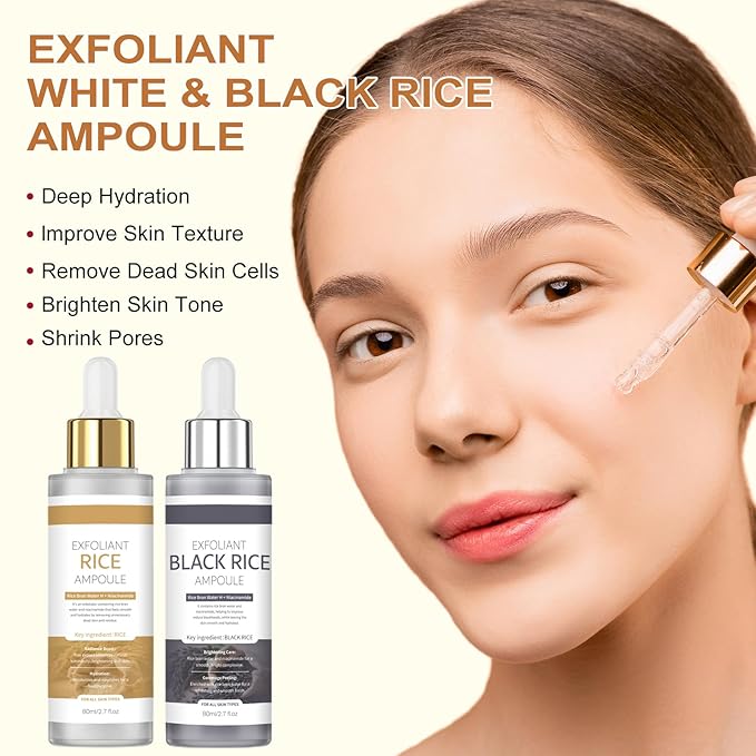 Black Rice Exfoliant,Peel Shot Glow Rice Ampoule Duo Set White and Black Rice Exfoliating facial mask .Reduce blackheads, shrink pores, suitable for all skin types, 2.7 Fl Oz (Pack of 2)