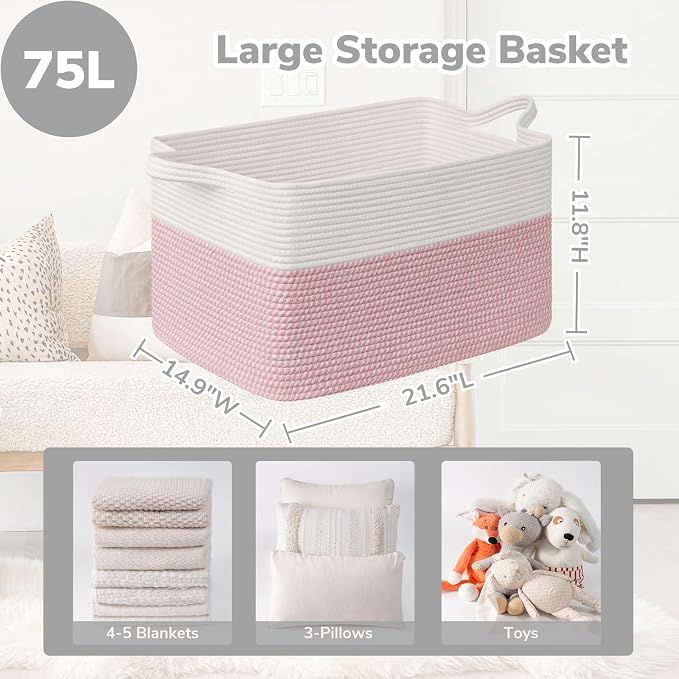 Goodpick Large Woven Rope Blanket Basket, Rectangle, White & Pink | 21.6'' x 14.9'' x 11.8'' Storage Basket for Baby Toys & Kids Essentials, Nursery & Bedroom Organization, Reinforced Handles