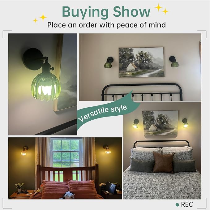Shenmoyl Vintage Battery Operated Wall Sconce with Green Tulip Glass Lampshade Rechargeable Battery Powered Black Wall Light with Remote Control for Bedside Bedroom Doorway, Set of 2