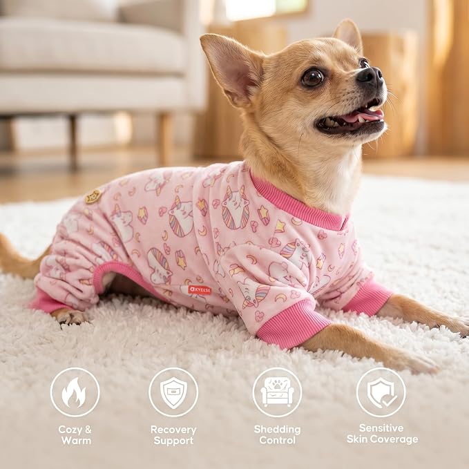 KYEESE Velvet Dog Pajamas for Small Dogs Soft Onesie Shirt, Unicorn Pink | 4-Way Stretch, Lightweight & Breathable, Reduces Shedding, Gentle on Sensitive Skin, Recovery Support, Easy Potty Breaks