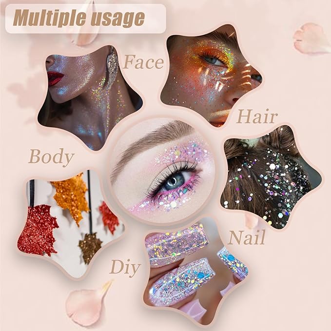 Face Body Glitter, Hair Glitter Sparkles Chunky Face Glitter Gel for Girls Makeup Singer Concerts Mermaid Festival Sequins Face Paint (White+Silver+Pink+Red+Green)