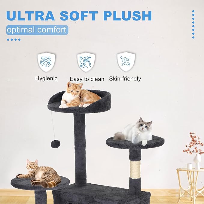 FDW | 62" Cat Tree Tower | Dark Gray | Multi-Level Indoor Activity Center with Sisal Scratching Posts, Condos, Plush Perches, Hanging Cat Toys | Sturdy, Easy to Assemble | for Kittens & Adult Cats