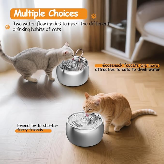 2.5L/84oz Gooseneck Cat Water Fountain Stainless Steel Ultra-Quiet | Kitty Spout Cat Fountain for Drinking, Pet Water Fountain for Cats Inside with 6 Replacement Filters & 6 Pre-Filter Sponges