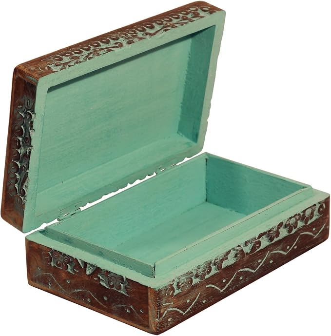 ETROVES Carved Wooden Box - Decorative Memory Storage Wood Case Single Compartment for Women and Men Jewelry - Vintage Trinket Box, 8 Inch, Turquoise