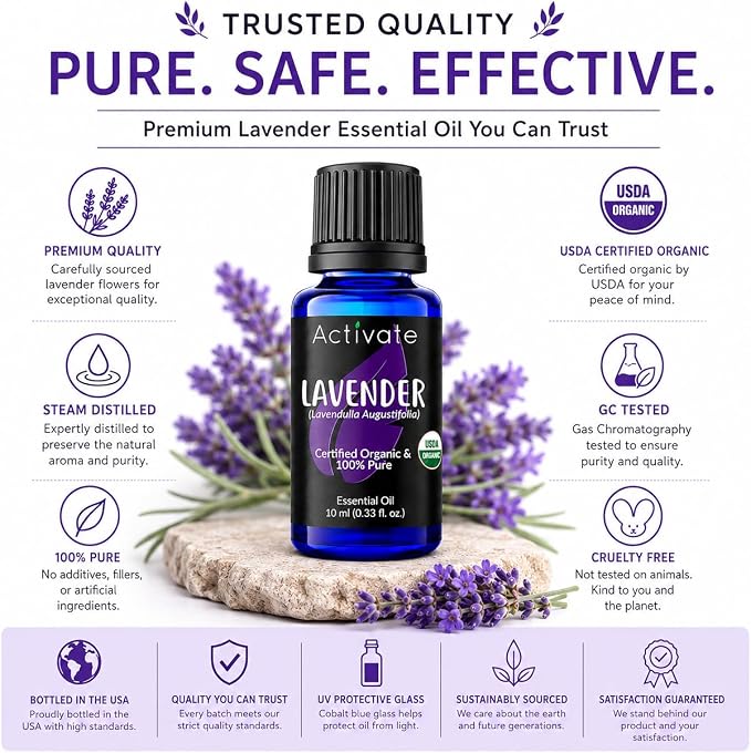 Lavender Essential Oil, USDA Certified Organic, 100% Pure Steam Distilled Lavender Oil (Lavandula angustifolia), Premium Aromatherapy Oil for Diffusers, Massage, DIY Blends & Home Fragrance, 10 mL