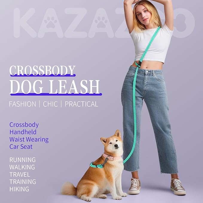 Kazazoo Hands-Free Dog Leash Adjustable Length 5-8 Ft,Crossbody & Waist for Dog Walking, Running for Small Dogs with Reflective Strips, Ballistic Nylon, Waist Belt, Lightweight Green