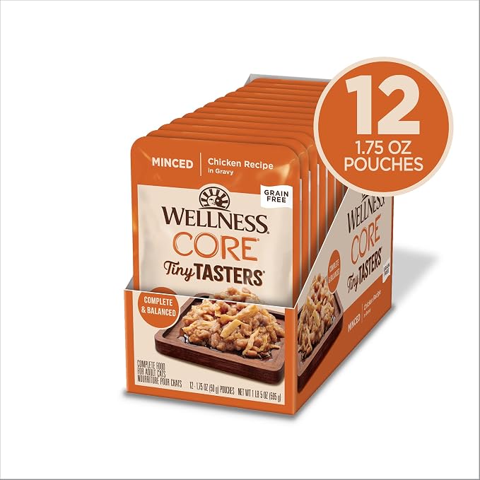 Wellness CORE Tiny Tasters Minced Adult Wet Cat Food, Natural, Protein Rich, Grain Free, Chicken Recipe, 1.75 oz, Pack of 12 Pouches