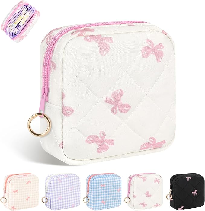 Period Bag for Teen Girls, Quilted Sanitary Napkin Storage Bag, Cute Bow Tie Menstrual Pad Pouch Tampon Holder (White)