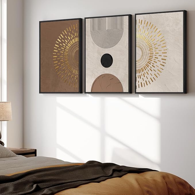 Boho Neutral Abstract Wall Art, 3 Piece, Brown Beige and Gold, 20x30 In | Large framed pictures, Modern canvas prints, Minimalist geometric paintings, Wall decor for living room bedroom hallway