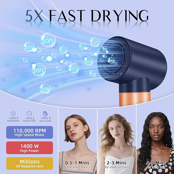 DORISILK 8 in 1 Hair Styler, 110000 RPM High-Speed Hair Dryer Brush Blow Dryer and Auto Wrap Curlers, Negative Ions Hot Brush Styler Smooth for Fast Drying Volumizing Straightening Curling, Deep Blue