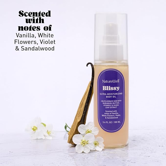 NATURE WELL Illuminating Shimmer Body Oil, Lightweight, Fast-Absorbing Formula, Designed Deeply Hydrate & Condition the Skin, Scented with Vanilla, White Flowers, Violet, & Sandalwood, 3.4 Oz