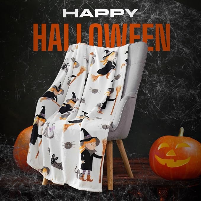 Halloween Ghost Fleece Throw Blanket, Cute Witch Girl, 50x70 oversized | Ultra-soft cozy flannel fleece, for sofa bed couch chair & dorms, spooky Halloween décor, durable and machine washable.