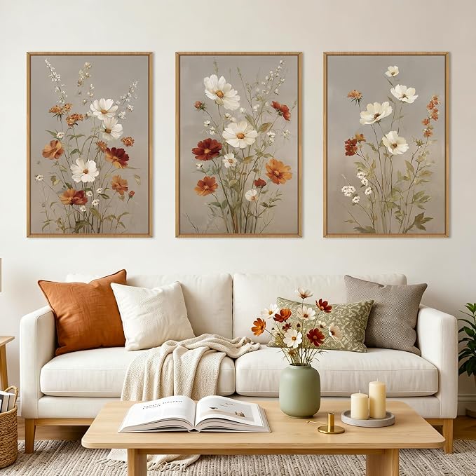 BINCUE Vintage Flower Wall Art Framed Rustic Wildflower Artwork Neutral Botanical Wall Decor Mid Century Floral Painting Farmhouse Daisy Prints for Living Room Bedroom Office 24" Lx36 W Set of 3
