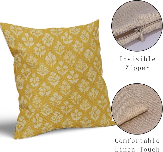 Yellow Floral Pillow Covers 24x24 Inch Set of 2, Vintage Flower Block Print Pattern Decorative Throw Pillowcases Outdoor Farmhouse Cushion Covers Spring Summer Rustic Sofa Couch Bed Decor