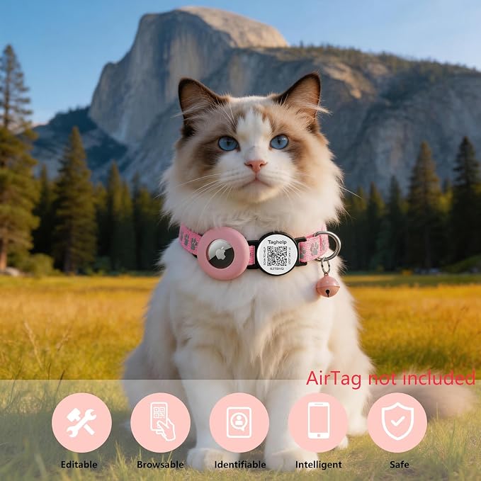 2 Pack Airtag Cat Collar, Breakaway Cat Airtag with Smart ID tag & QR Code Reflective (Reflective Strip & Paw Pattern - Pink, with Integrated AirTag Holder)
