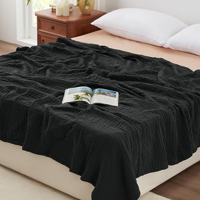 Love's cabin 100% Cotton Muslin Blanket, 6 Layer Lightweight Breathable Gauze Queen Size Blanket 90 x 90 Inches, Soft All Season Blanket for Bed, Black