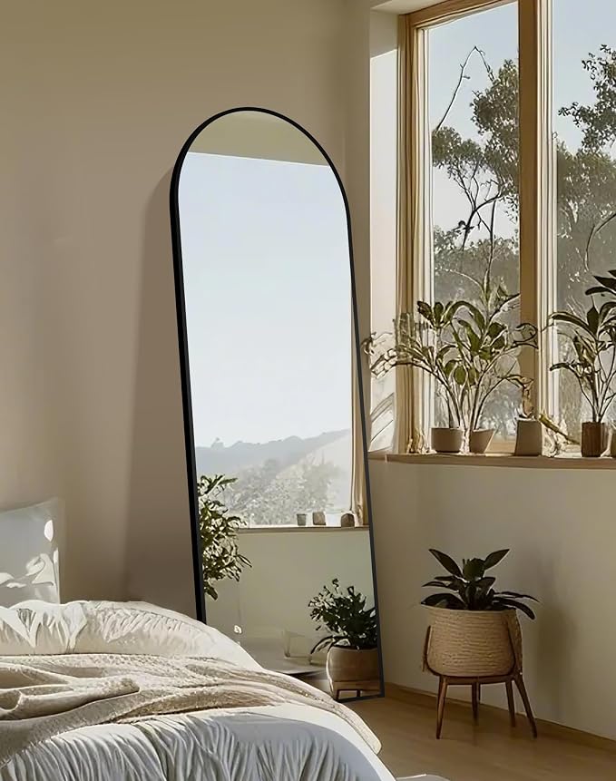 Arched Full Length Mirror with Stand, 69x24 Black Floor Mirror | Aluminium alloy frame with HD float glass for distortion-free reflection. Free standing or wall mounted.