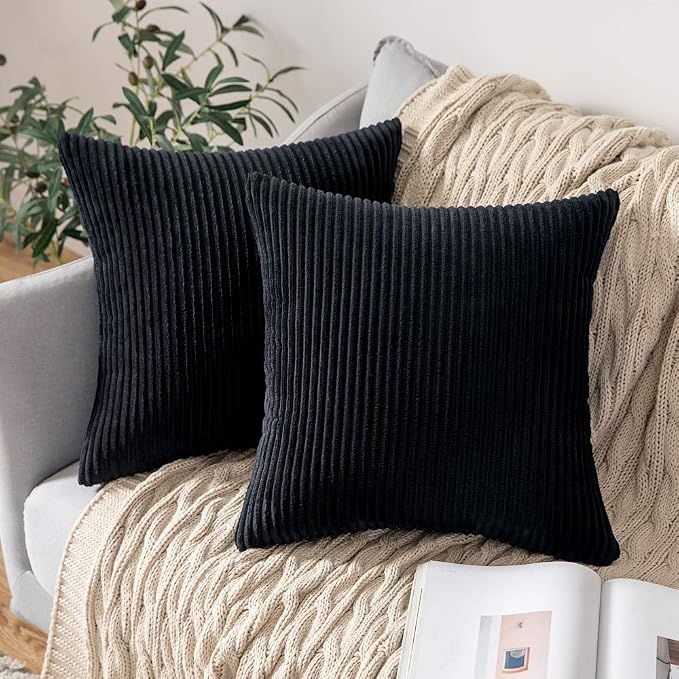 MIULEE Decorative Corduroy Throw Pillow Covers Set of 2 18x18 Black | Soft Striped Textured Cushion Cases, Boho Modern Square Pillowcases for Home Decor, for Couch Chair Sofa Bed Living Room