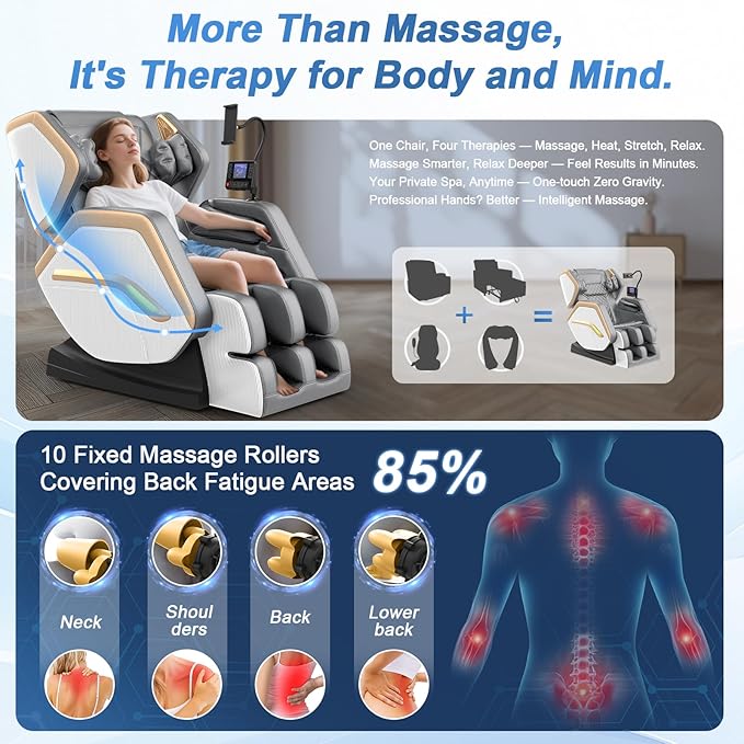 Massage Chair Full Body, Zero Gravity Massage Chair 2025 for Back Fatigue with 10 Fixed Rollers, Airbags, Heating, Phone Controller, Bluetooth Speaker, Nightlights for Living Room, Bedroom