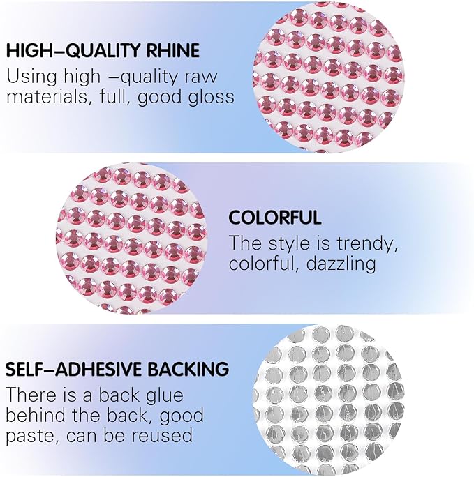 8 Sheets Rhinestone Stickers，3584 Pcs Gem Stickers for DIY Face Eyes Makeup Hair（Pink-3/4/5/6mm）
